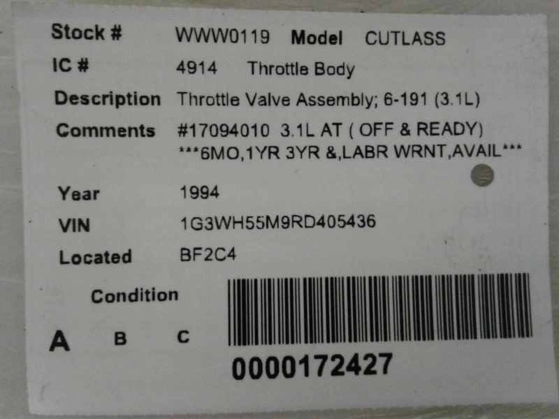 Conjunto de válvula de acelerador del cuerpo del acelerador 6-191 3,1 L se adapta a 93-95 CUTLASS 620614 Foto 3 de 3