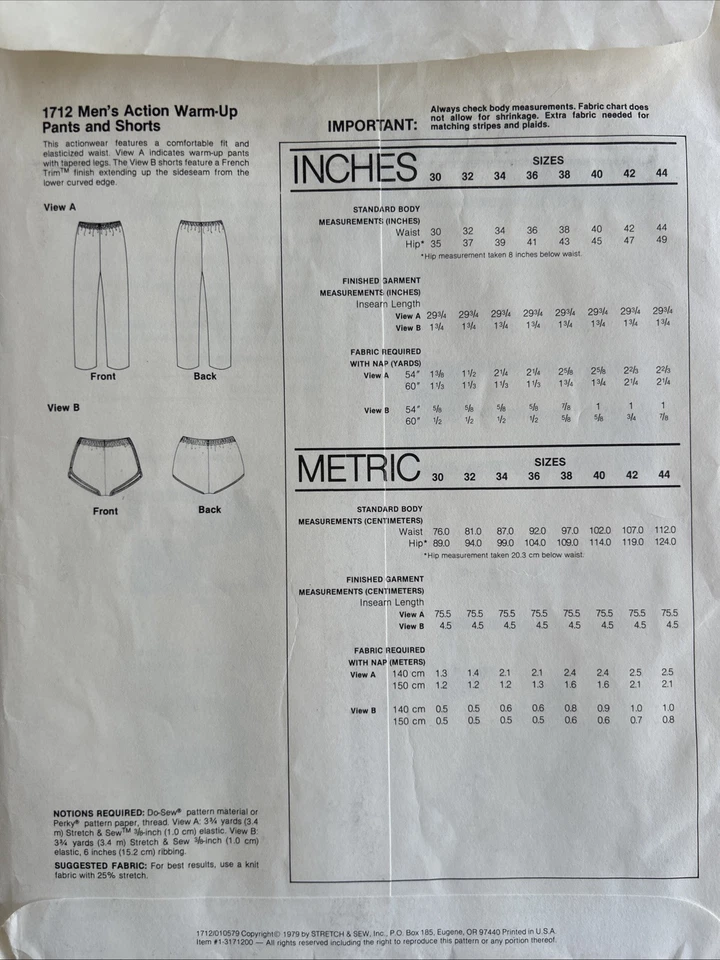 Ann Person Stretch& Sew Pattern 1712 Action Wear Mens Warm-Up Pants Shorts UNCUT - Image 2 of 2
