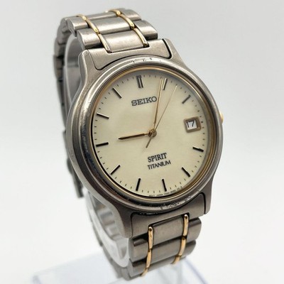 Vintage SEIKO Spirit Titanium Quartz Men's Watch Off-White Dial Date New Battery