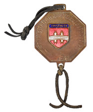 Vintage Old Austria Innsbruck Alpine Father Christmas Skiing Enamel Souvenir Fob