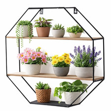 Mensola Parete Geometrica Metallo Legno 2 Ripiani Porta Piante Scaffale Arredo