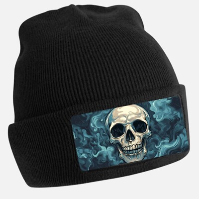 Black Cool Skull Print Beanie Hat - Unisex Cap, Cotton