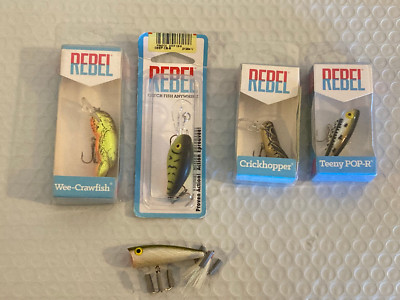 (5 Lures) Rebel Lure Mix: Deep Teeny R, Crickhopper, Teeny Pop-R, Wee Crawfish