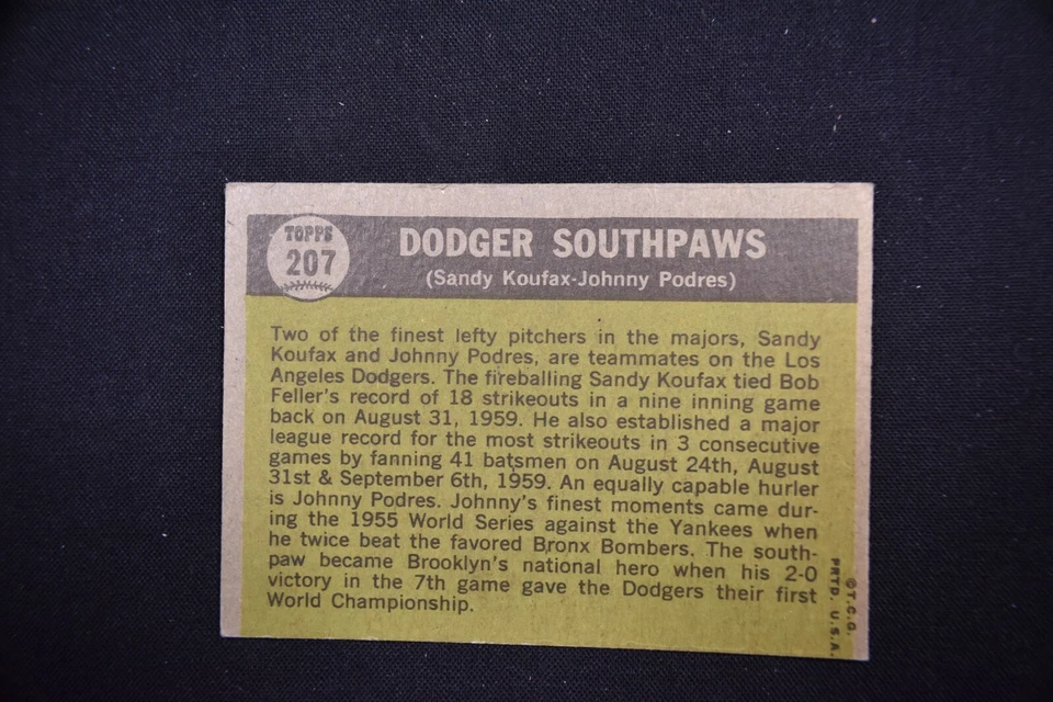 1961 Topps Dodger Southpaws #207 Sandy Koufax Johnny Podres Vg-Ex - Image 2 of 2