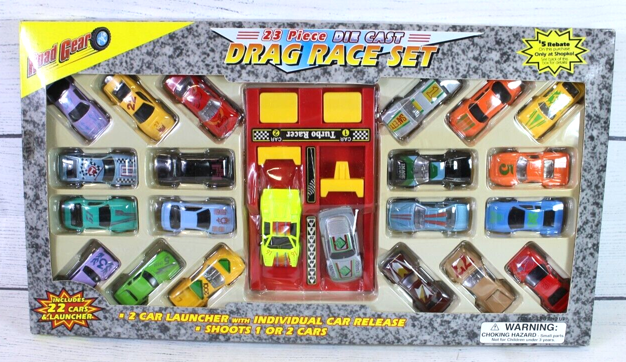 VINTAGE 23 PIECE DIE CAST CAR LAUNCHER DRAG RACE TURBO SET ROAD GEAR