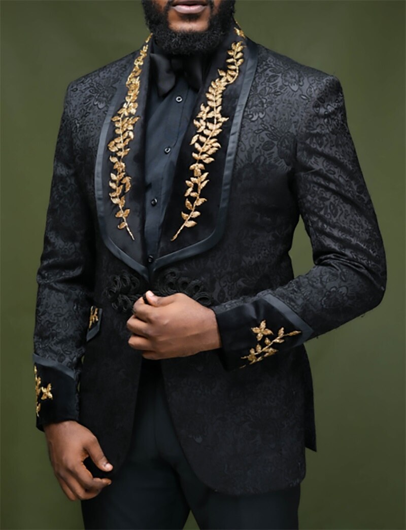 1/2-Piece Men Suits Golden Black Jacquard Jacket Pants Party