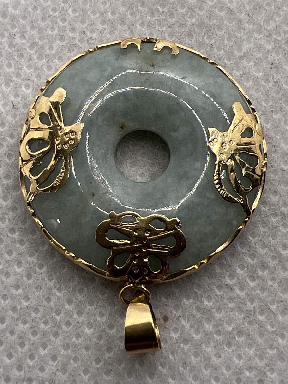 Solid 14K Yellow Gold Round Green Jade Charm Pend… - image 3