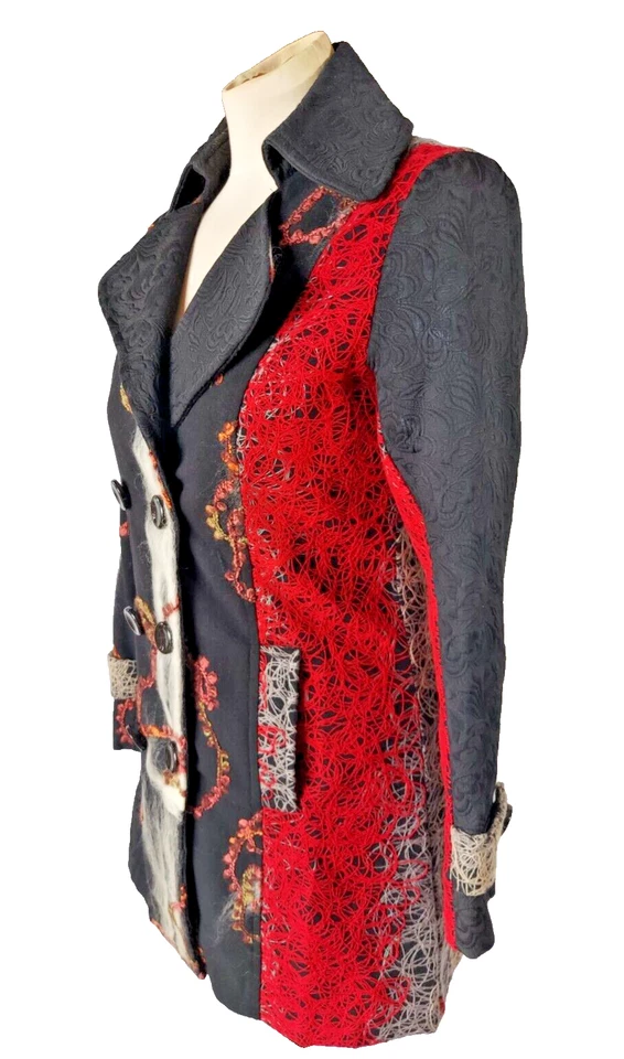 Neslay Paris Anthropologie Black Red Patchwork Brocade Coat Double Breast Size S - Image 2 of 4