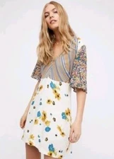 Free People Mix It Up Mixed Floral Print V-neck Babydoll Collar Mini Dress Sz 12