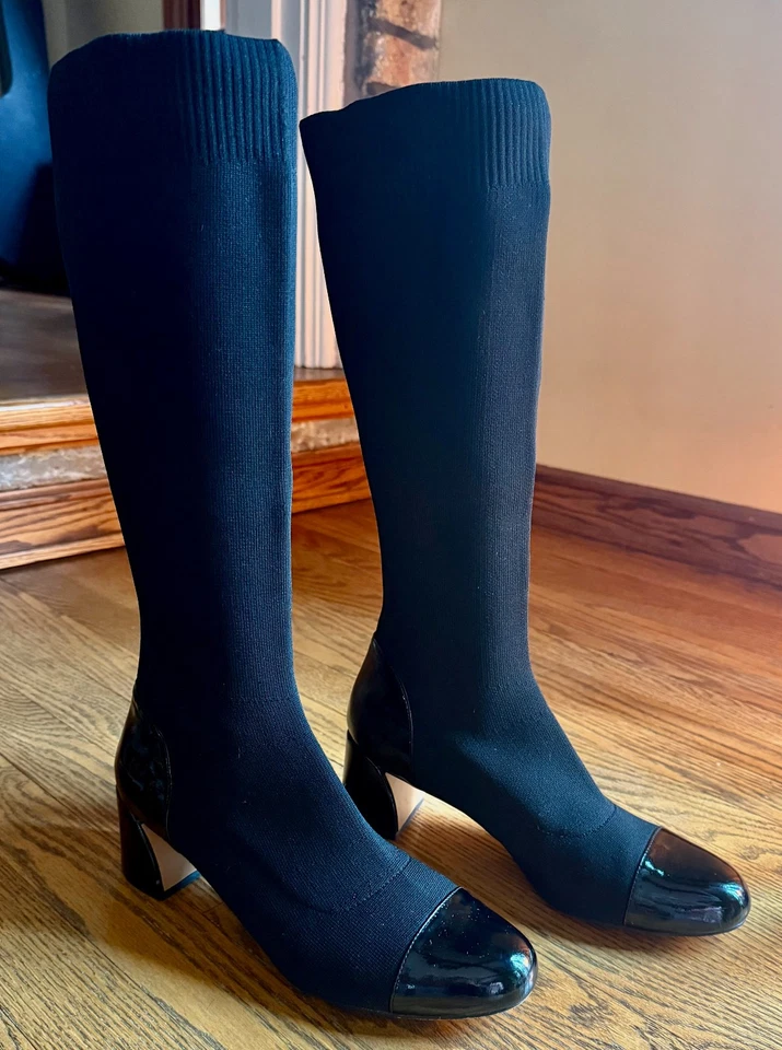 Bota Adrienne Vittadinni Capri Negra Alta Pull On Charol Bloque Tacón Alto Foto 3 de 4