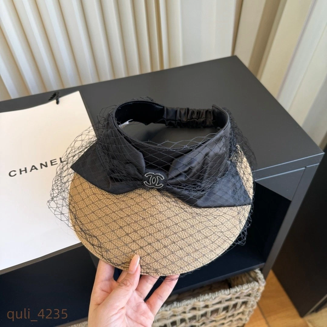CHANEL Classic Women's Khaki Straw Brim Mesh Open Top Sun Hat