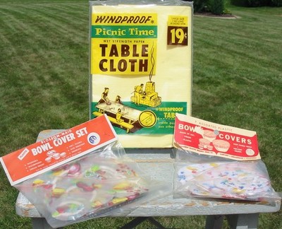 Vtg NOS Picnic Time Paper Tablecloth  Tru-Flex Plastic Elastic Bowl Food Covers