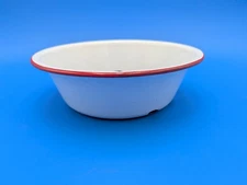 Vtg Farmhouse Enamel Ware Bowl Basin 8 x 3 inch White Red Trim French Cottage
