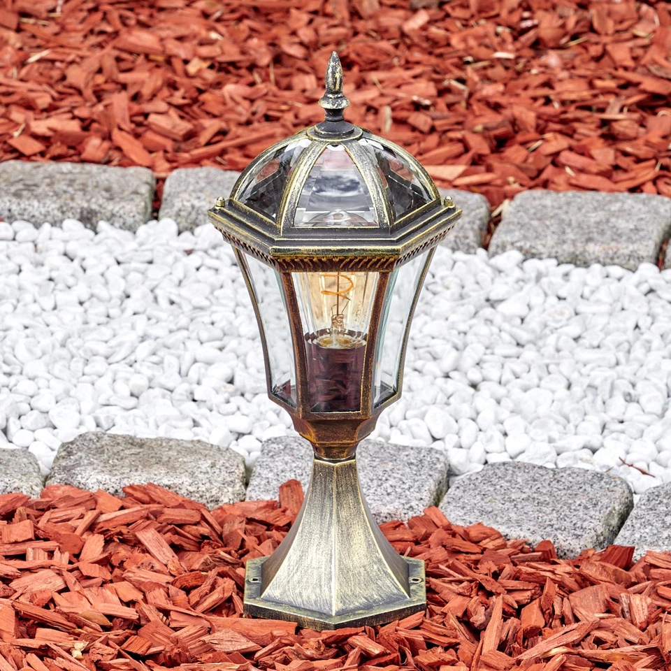 Antike Wegeleuchte E27 im Landhausstil, Metall & Glas Sockellampe, Schwarz-Gold - Bild 2 von 4