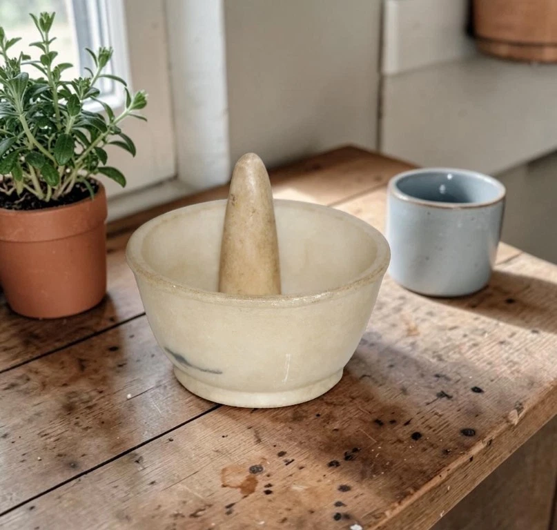 Vintage Marble Hand Spices Grinder Mortar & Pestle Old Original Fine Hand Craft