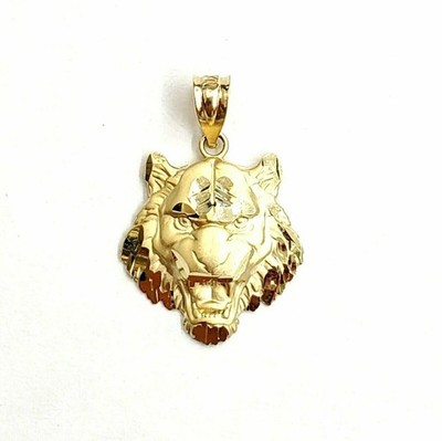 14k Gelbgold massiv Gold Tiger männlich Kopf Gesicht Anhänger Diamantschliff feiner Schmuck 2g