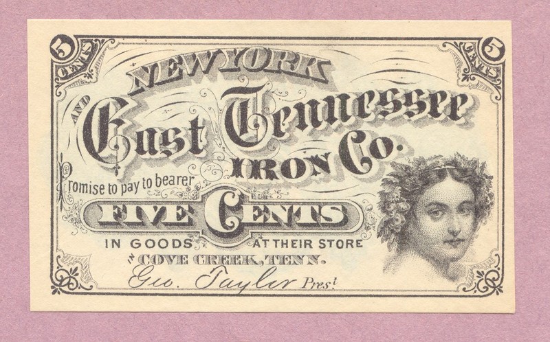 Scrip,New York and East Tennessee Iron Co, 5 Cents, Five Cents in Goods at Store