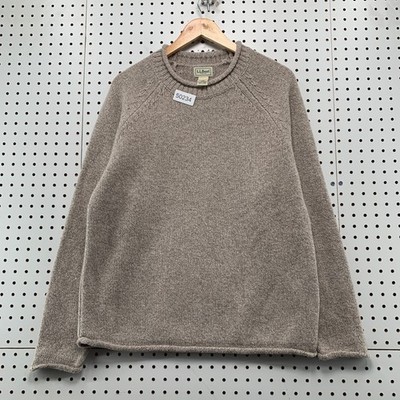 Vintage LL Bean Sweater Mens Medium Tan Y2K Lambswool Crewneck Raglan Rolled Hem