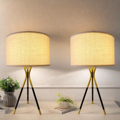 Set of 2 Modern 20.8'' Beige Linen Table Lamps with Bulbs for Home & Office