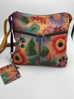 Anuschka Hand painted Sunflower Zip-Top Medium Convertible Handbag Crossbody VGC