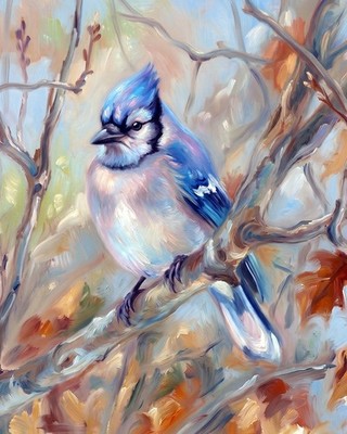 Wildlife Nature Blue Jay Bird  oil art print. Free Shipping  0252