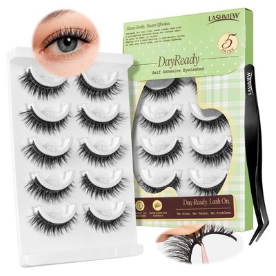 LASHVIEW Self Adhesive Eyelashes Natural Look Press 5 pair (Pack of 1), Black 