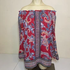I.N. Studio Red/Multicolor Floral Lined Blouse-Size Medium Off Shoulder
