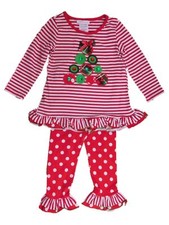 Toddler Girls Red Christmas Tree Holiday Outfit Ruffled Shirt  Leggings