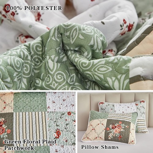 Quilt Set ,3 Pieces King Size, Green Plaid Reversible Bedspread - Picture 4 of 6