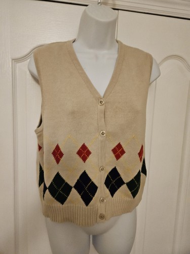Liz Sport Women's Knit Beige Argyle Button Up Sweater Vest Size Petite Small - Picture 2 of 8