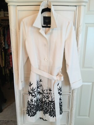 TALBOT'S NWOT Cream/black embroidered button Front Belted Chic Trench Coat 