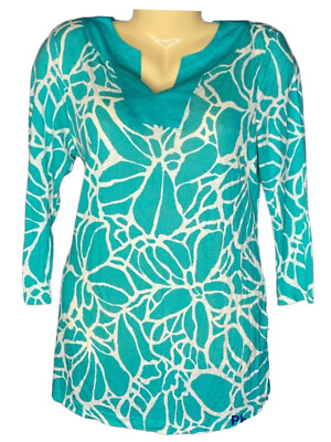Croft & Barrow Womens Size S Tunic Top Aqua Floral 3/4 Sleeve V -Neck Tee Blouse