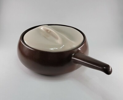 MCM Raymor by Roseville USA Pottery Covered Handled Casserole Brown White
