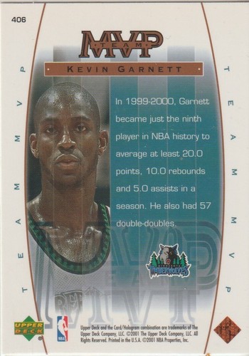 KEVIN GARNETT; 2000-01 UPPERDECK TEAM MVP No. 406 CARD - Picture 2 of 2