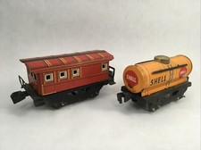 Tin Litho Train Set of 2 Red Caboose  Shell Tanker Car Yonezawa Toys Japan