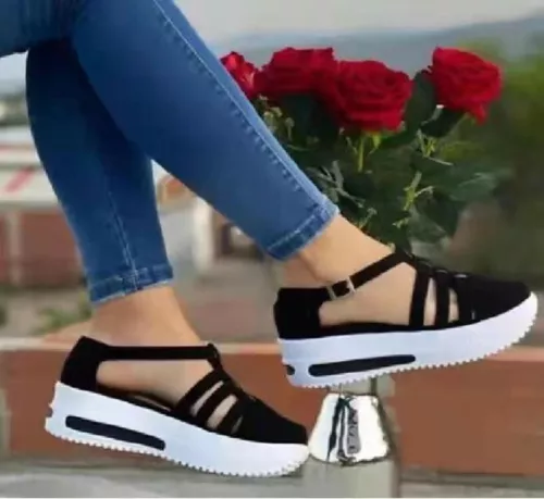 Damen Keilabsatz Plateau Sandalen Runde Schnalle Sommerschuhe Geschlossene Zehe Knöchelriemen - Bild 10 von 19