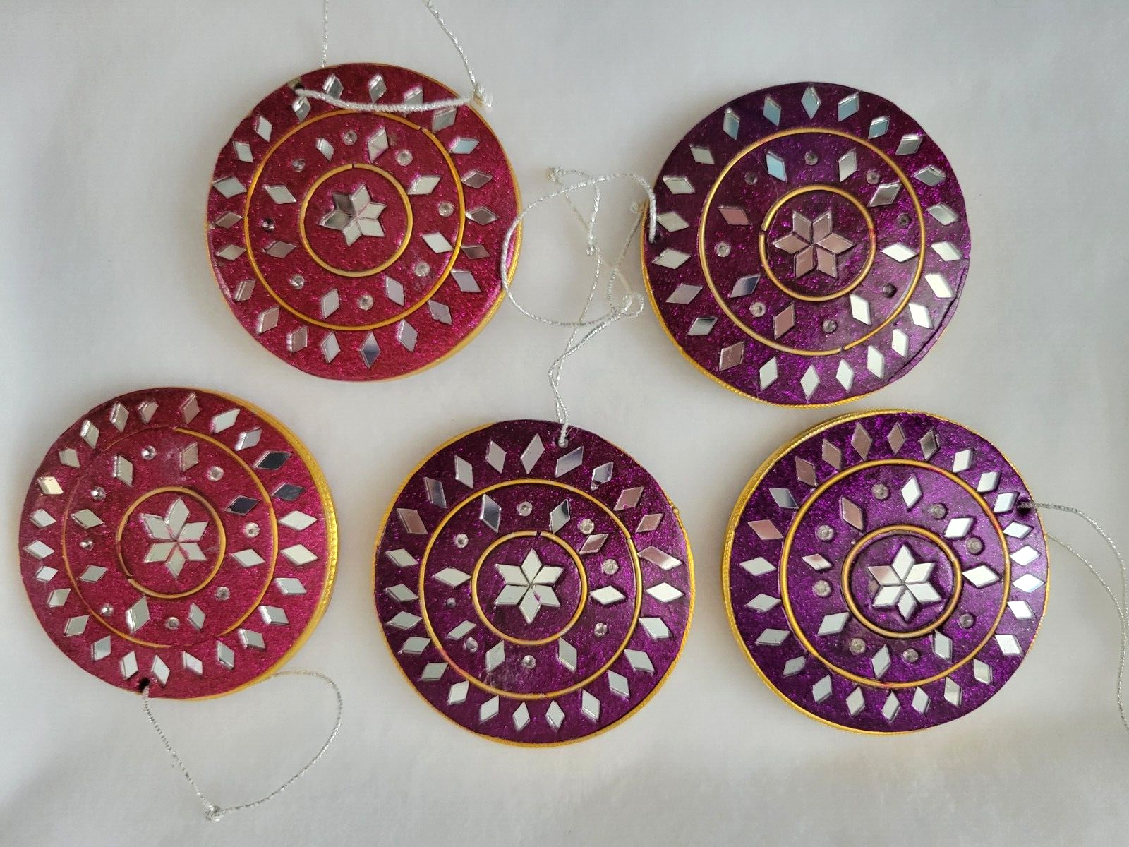 5 Red Clay Mirrored Christmas Ornaments with Gold Sparkling Circles