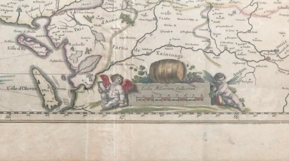 Antiguo mapa original de "Vulgo Le Pais De Poictov" (sur de Francia) circa 1657 Foto 3 de 4