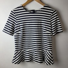 Hobbs Women Size S Navy Blue White Stripe Peplum Stretch Blouse Career Smart