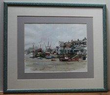 Cornish Harbour Scene - Fishing Boats Watercolour Painting, indistinctly signed