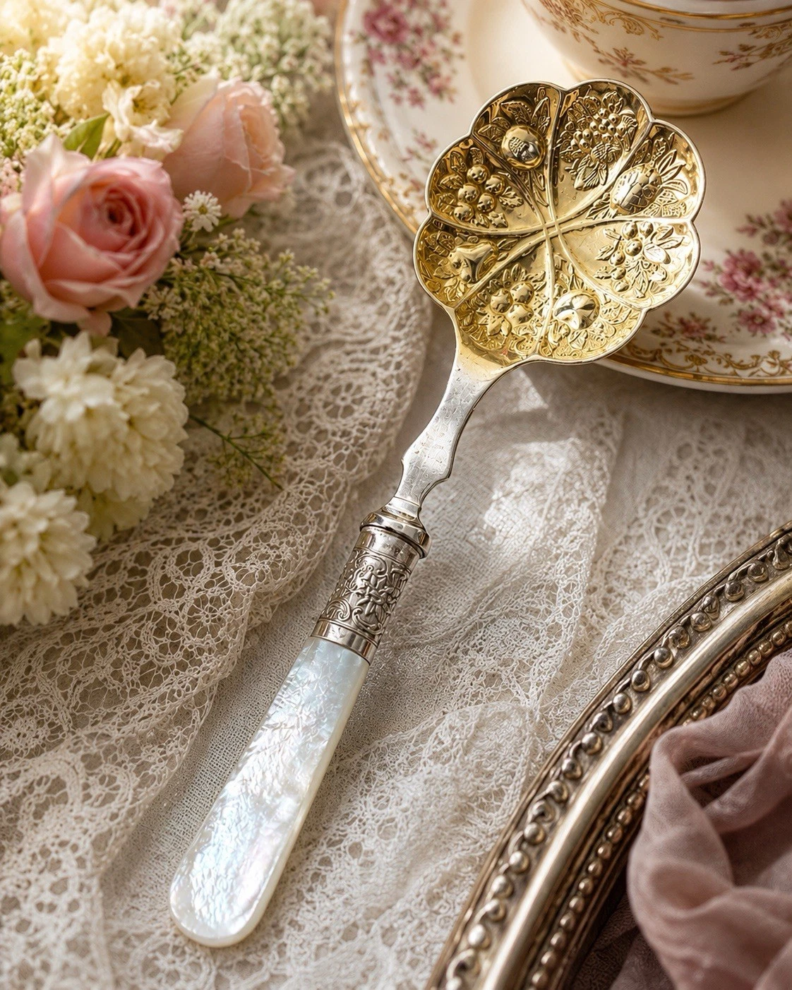 England Scalloped Berry Server EPNS Silverplate and Gold Wash 6.5” MOP Handle