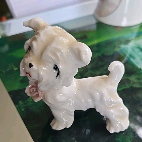 Vtg Westie Dog Puppy Terrier Porcelain White Pink Rose Retro 50s 60s Ceramic