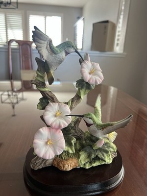 Gorgeous Hummingbirds With Multi color Flowers On Branch Porcelain With Stand