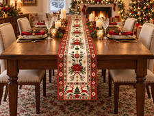 Christmas Table Runner 14x72 Red Poinsettia Reindeer Holiday Dining Table Decor