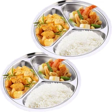 Stainless Steel Divided Plate Set: 3 Section Set of 2 Serving Trays Great for Ca