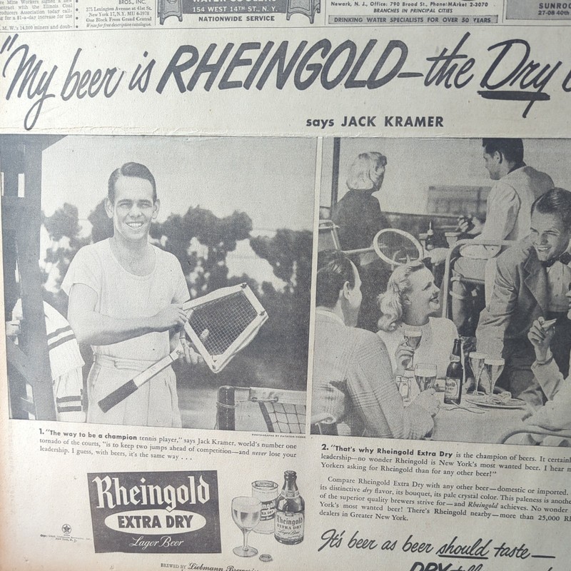 JULY 1, 1948 NEWSPAPER PAGE #2473- RHEINGOLD BEER AD FEATURING JACK KRAMER 