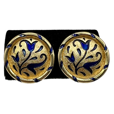 Vintage Crown Trifari Cobalt Blue Enamel Tulip Flower Clip Earrings Jewelry