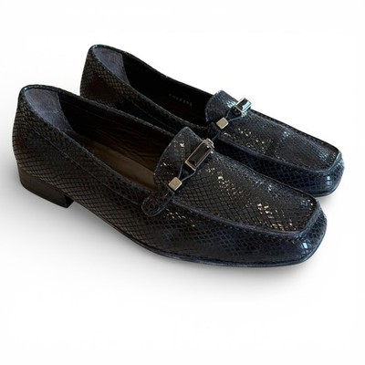 Stuart Weitzman Black Snakeskin Embossed Leather Women's 9 Loafers Metal Bar