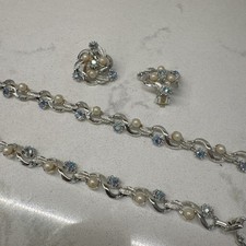 Vintage Silver Necklace Bracelet Clip On Earrings Set Faux Pearl Rhinestone