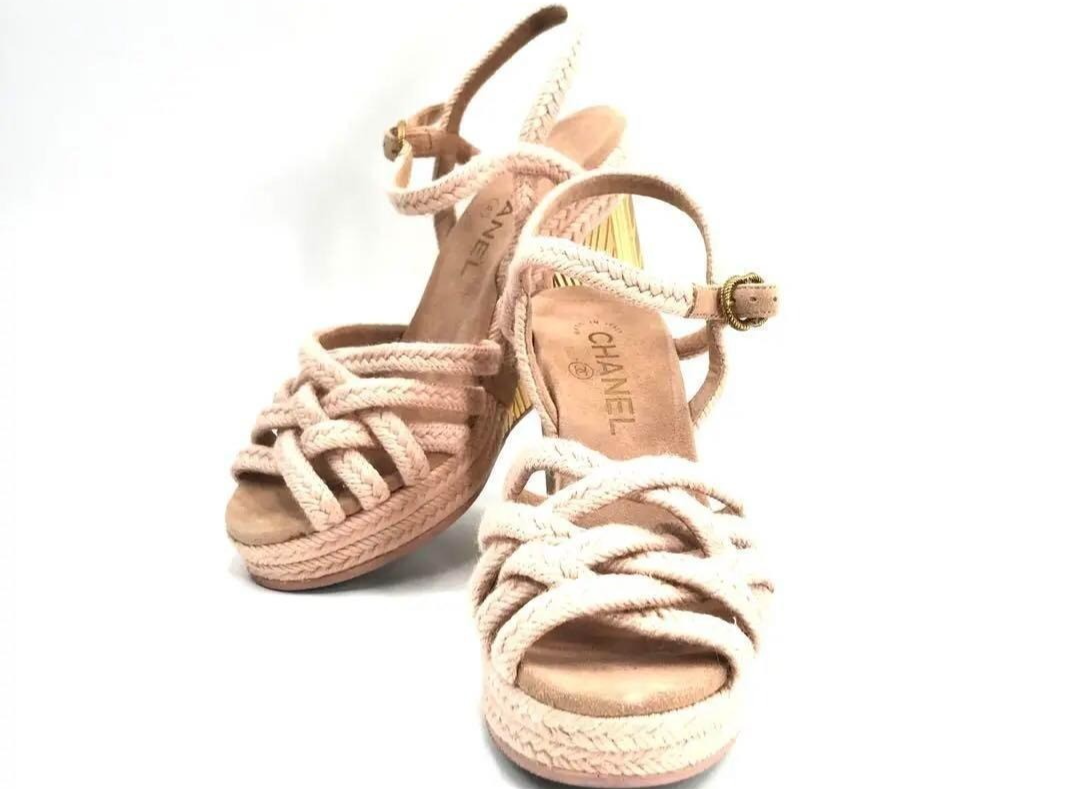 APL CHANEL Mules sandali tacco logo CC beige taglia EU 37 US 7 suola zeppa donna